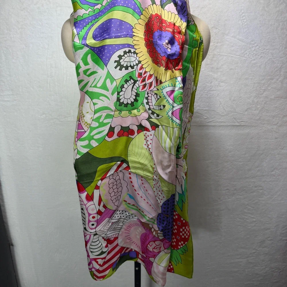 Large‎ Psychedelic Floral Silk Scarf Lime Green Pink Geometric 53x53 Made France